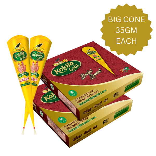 Kokila Bridal Special Premium Gold Mehendi Cones - 1 Box (12 Cones - 35g Each Cone) - 100% Natural, No Chemicals used