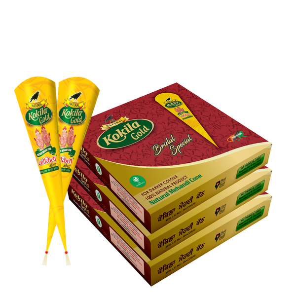 Kokila Bridal Special Premium Gold Mehendi Cones - 1 Box (12 Cones - 35g Each Cone) - 100% Natural, No Chemicals used