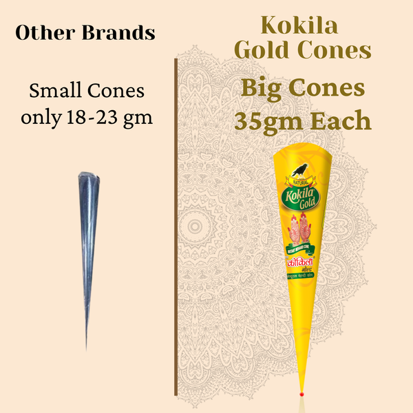 Kokila Bridal Special Premium Gold Mehendi Cones - 1 Box (12 Cones - 35g Each Cone) - 100% Natural, No Chemicals used