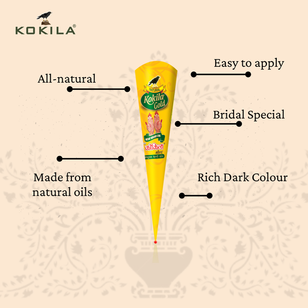 Kokila Bridal Special Premium Gold Mehendi Cones - 1 Box (12 Cones - 35g Each Cone) - 100% Natural, No Chemicals used