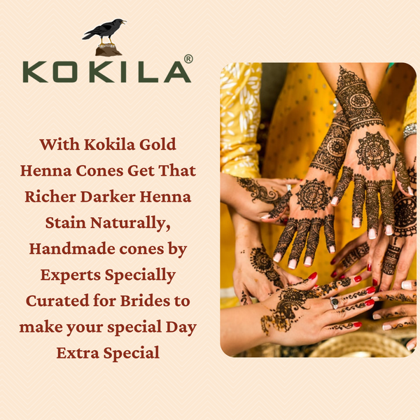 Kokila Bridal Special Premium Gold Mehendi Cones - 1 Box (12 Cones - 35g Each Cone) - 100% Natural, No Chemicals used