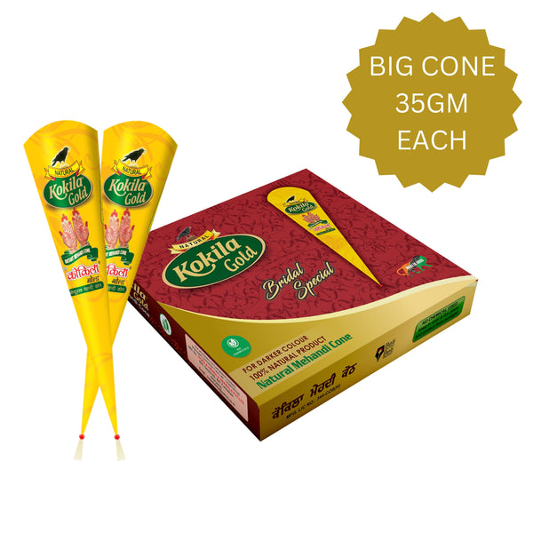 Kokila Bridal Special Premium Gold Mehendi Cones - 1 Box (12 Cones - 35g Each Cone) - 100% Natural, No Chemicals used