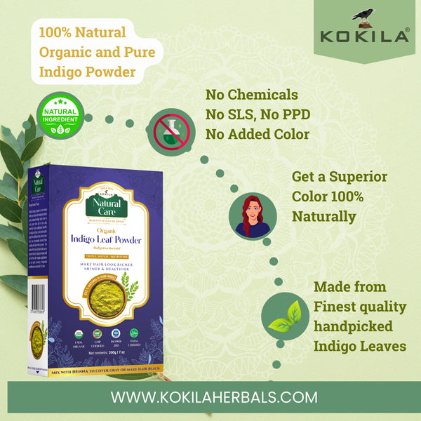 Kokila Indigo Powder 100% Naturals & Organic Hair Coloring, Protects hair from Damage, Dark Brown Color-1 Box (2 Pouches - 100Gm each) 200Gm