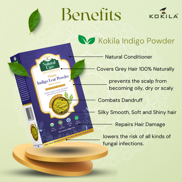 Kokila Indigo Powder 100% Naturals & Organic Hair Coloring, Protects hair from Damage, Dark Brown Color-1 Box (2 Pouches - 100Gm each) 200Gm