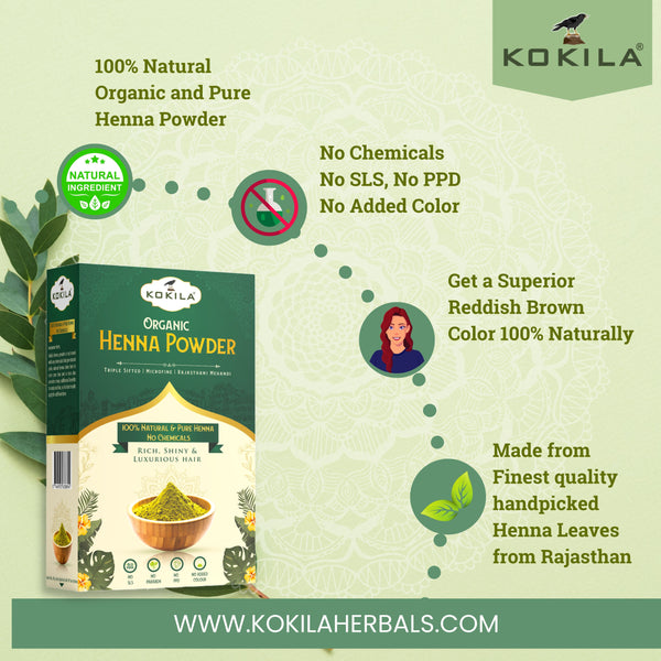 Kokila Organic Henna Powder for Natural Hair Color, 100% Natural Henna leaves Powder 1 Box 200Gm (2 Pouches - 100gm Each)