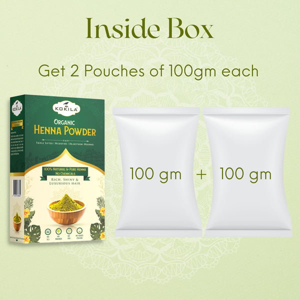 Kokila Organic Henna Powder for Natural Hair Color, 100% Natural Henna leaves Powder 1 Box 200Gm (2 Pouches - 100gm Each)