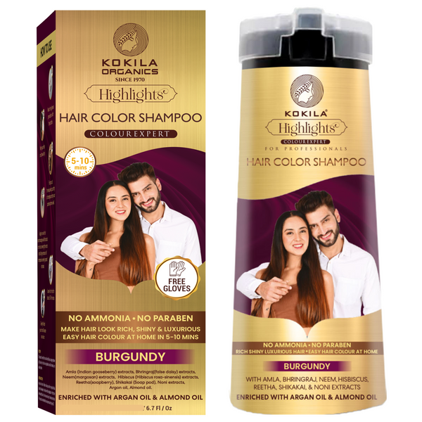 Kokila Hair Color Shampoo - Burgundy for Men & Women | No Ammonia - No Paraben | 10 Pair Free Gloves
