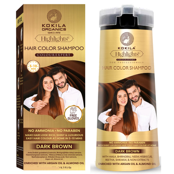 Kokila Hair Color Shampoo - Dark Brown for Men & Women | No Ammonia - No Paraben | 10 Pair Free Gloves