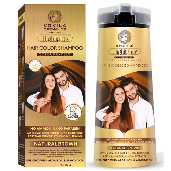 Kokila Hair Color Shampoo - Natural Brown for Men & Women | No Ammonia - No Paraben | 10 Pair Free Gloves