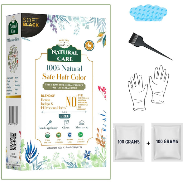 Kokila 100% Natural Safe hair Color | Henna, Indigo & 11 Precious Herbs | Shades available- Soft Black, Natural Brown, Burgundy | 1 Pack - (2 Pouches 100gm Each)