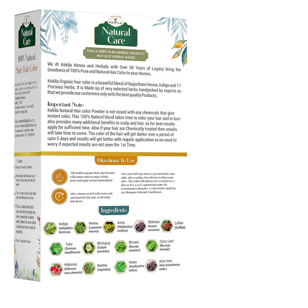 Kokila 100% Natural Safe hair Color | Henna, Indigo & 11 Precious Herbs | Shades available- Soft Black, Natural Brown, Burgundy | 1 Pack - (2 Pouches 100gm Each)