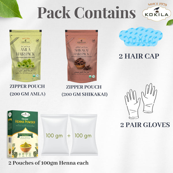 Kokila Pure & Natural -Amla, Shikakai & Henna Powder for Hair (200G Each) - Strengthening, Nourish, Conditioner & Cleanser