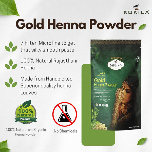 KOKILA Gold Henna Powder 7 filter natural for hand and feet, Mehandi Powder - 200Gm